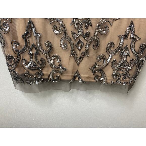 ADRIANNA PAPELL DRESS 2 SEQUIN BEADED MESH SHEER TAN NUDE SILVER MINI COCKTAIL - Picture 11 of 16